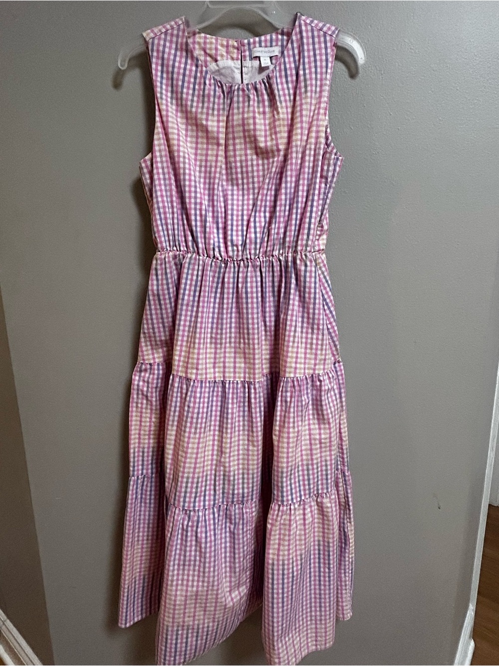 Charter Club Petite Large Maxi Dress Pink Gingham Plaid Sleeveless Tiered PL
